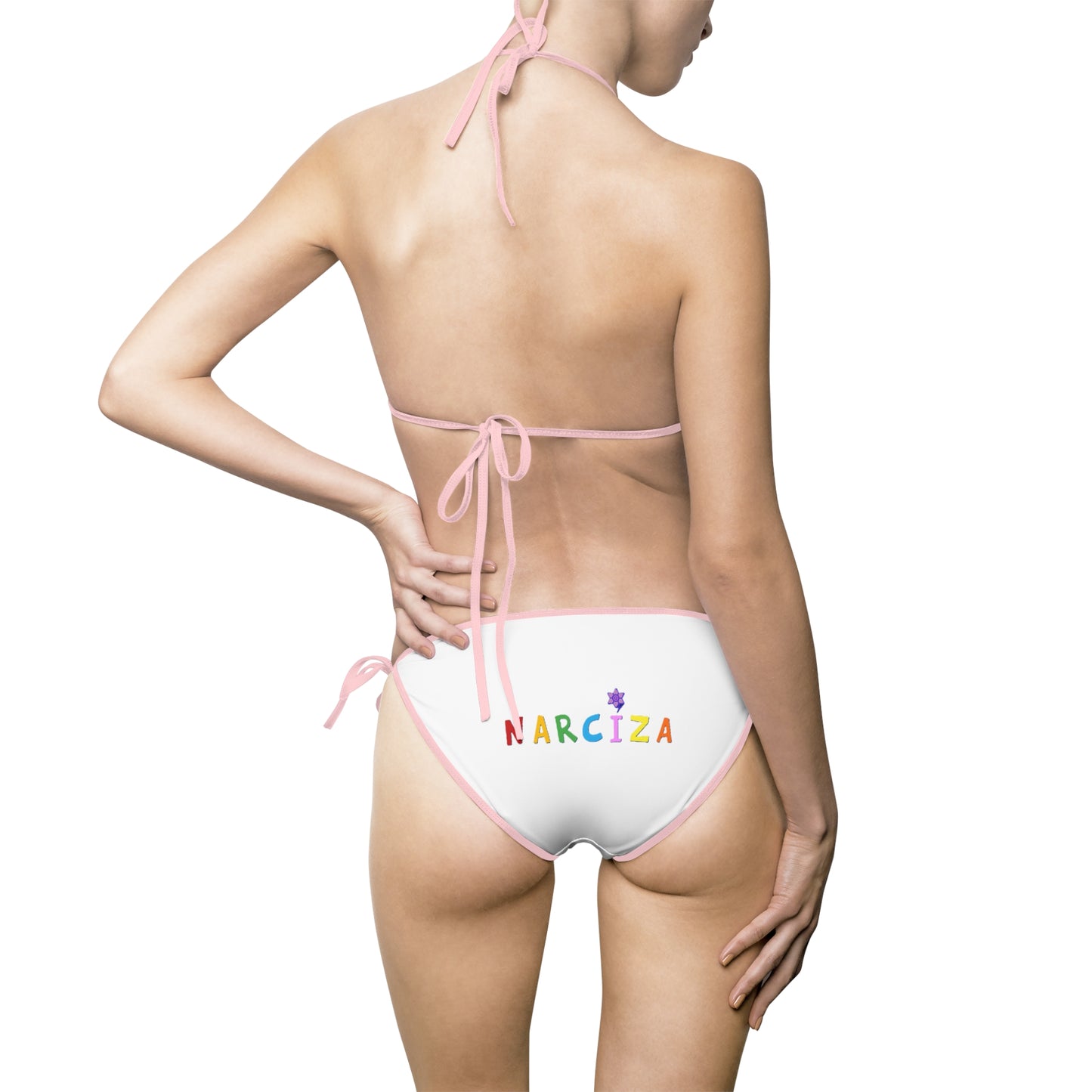 Women’s Tie-Side Bikini — Colorful "NARCIZA" Logo Print