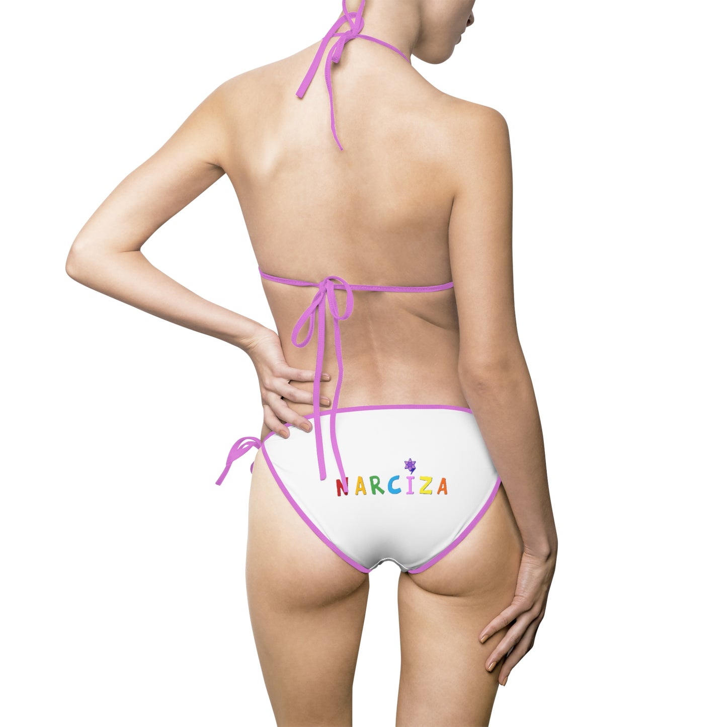 Women’s Tie-Side Bikini — Colorful "NARCIZA" Logo Print